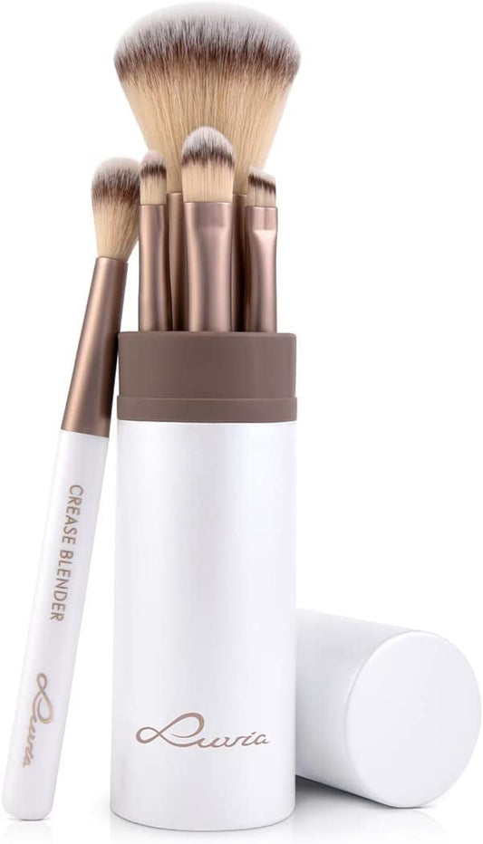 Luvia Makeup Brush Set, Travel Set, Macchiato, 5 Cosmetic Brushes Including Makeup Brush Storage, Black, Vegan (White/Macchiato)